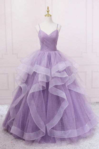 Purple Tulle Long Prom Dress, A-Line Spaghetti Strap Evening Gown TP458