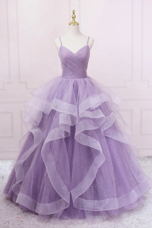 Purple Tulle Long Prom Dress, A-Line Spaghetti Strap Evening Gown TP458