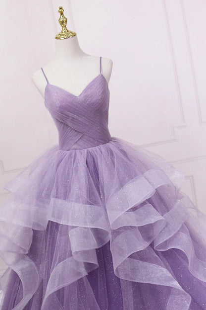 Purple Tulle Long Prom Dress, A-Line Spaghetti Strap Evening Gown TP458