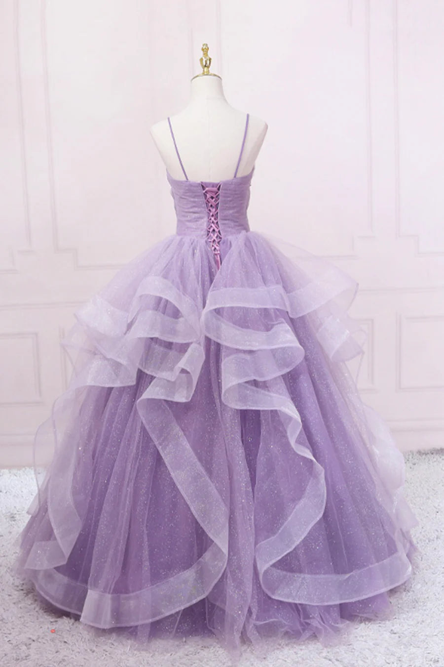Purple Tulle Long Prom Dress, A-Line Spaghetti Strap Evening Gown TP458