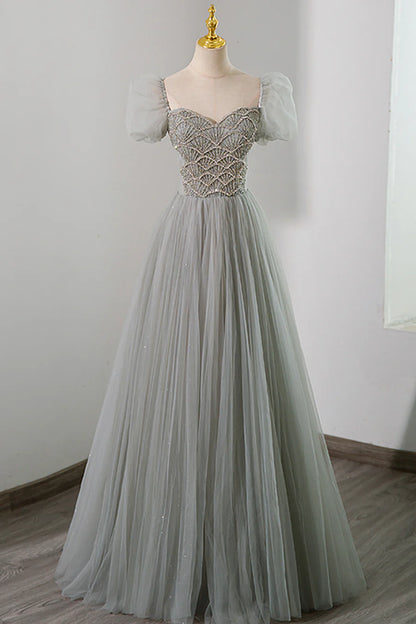 Gray Tulle Beading Long Prom Dress, A-Line Short Sleeve Evening Dress TP459