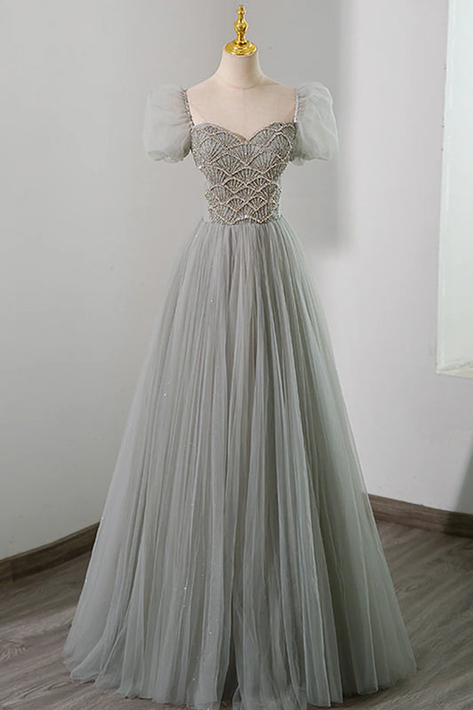 Gray Tulle Beading Long Prom Dress, A-Line Short Sleeve Evening Dress TP459