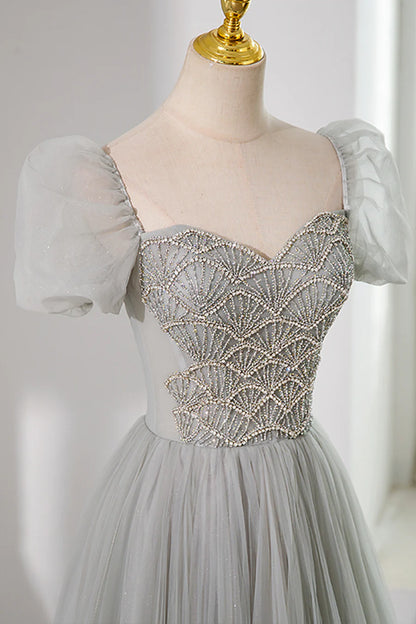 Gray Tulle Beading Long Prom Dress, A-Line Short Sleeve Evening Dress TP459