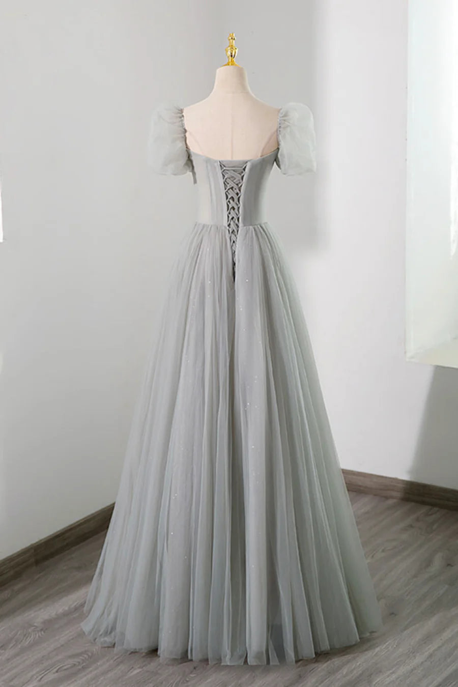 Gray Tulle Beading Long Prom Dress, A-Line Short Sleeve Evening Dress TP459