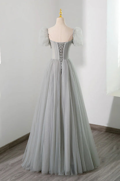 Gray Tulle Beading Long Prom Dress, A-Line Short Sleeve Evening Dress TP459
