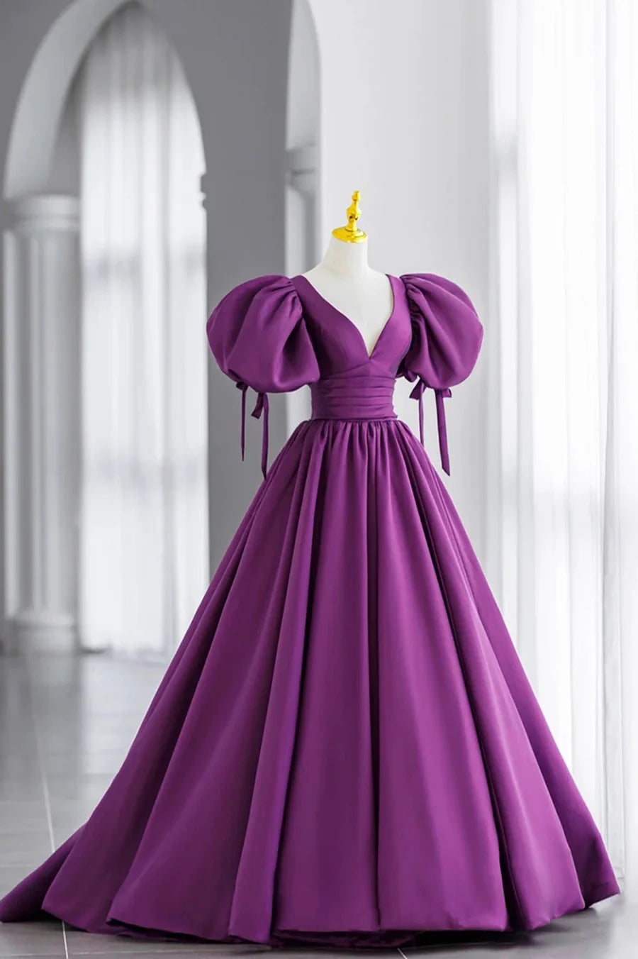 Purple Puff Sleeves Satin Long Prom Dress, V-Neck Evening Dress TP461