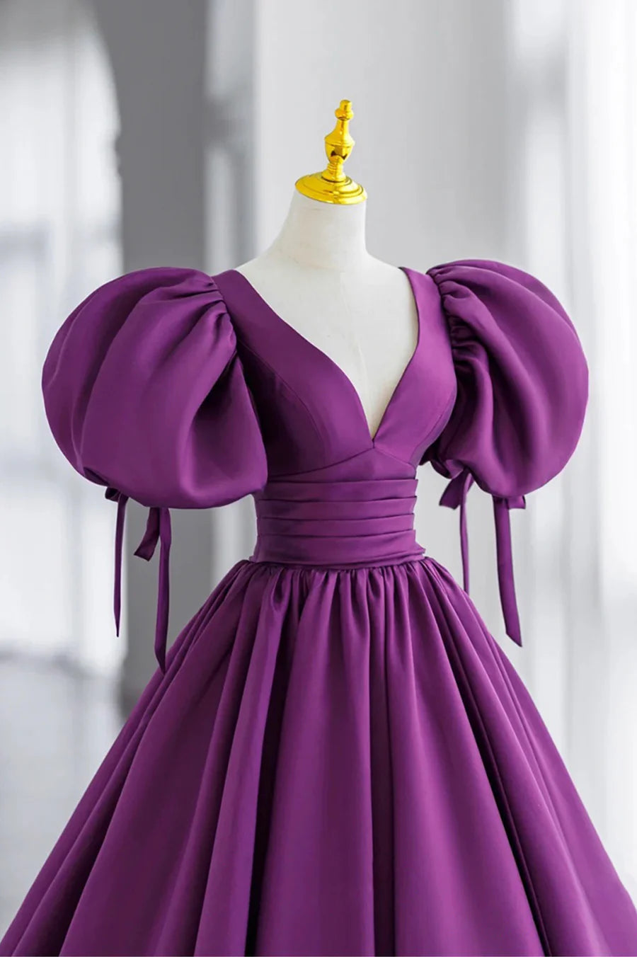 Purple Puff Sleeves Satin Long Prom Dress, V-Neck Evening Dress TP461