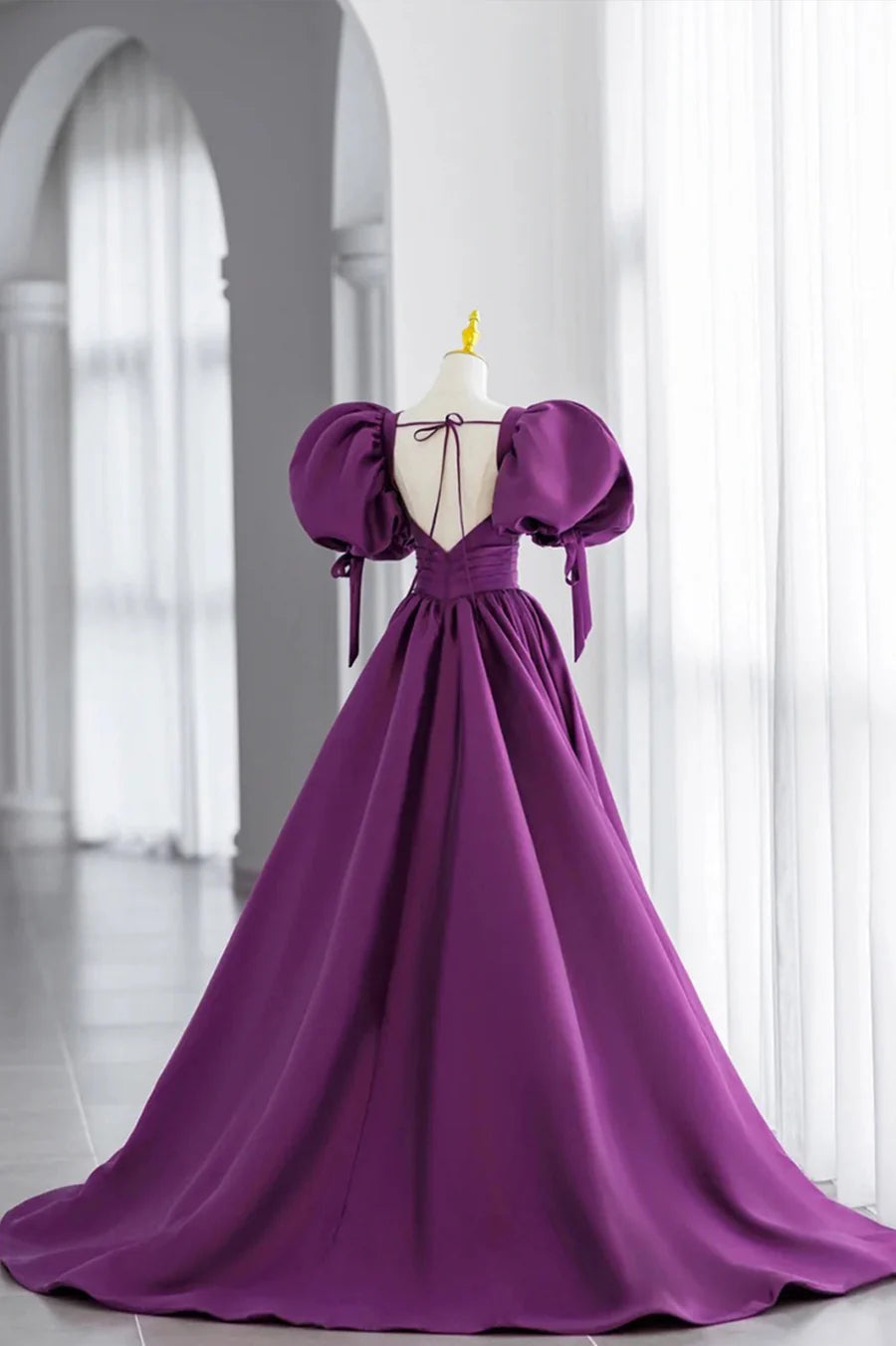 Purple Puff Sleeves Satin Long Prom Dress, V-Neck Evening Dress TP461