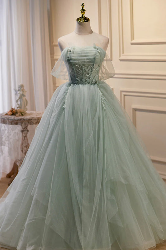 Green Tulle Beaded Ball Gown Off Shoulder Party Dress, Green Sweet 16 Dress TP462