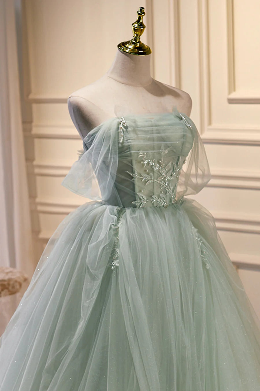 Green Tulle Beaded Ball Gown Off Shoulder Party Dress, Green Sweet 16 Dress TP462
