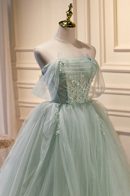 Green Tulle Beaded Ball Gown Off Shoulder Party Dress, Green Sweet 16 Dress TP462