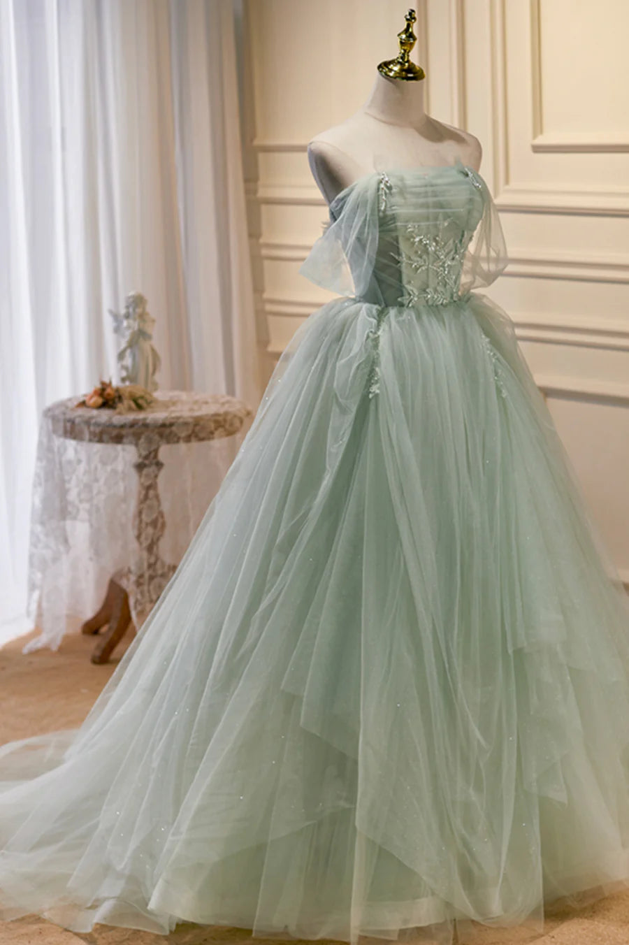 Green Tulle Beaded Ball Gown Off Shoulder Party Dress, Green Sweet 16 Dress TP462