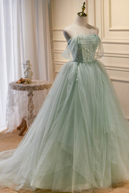 Green Tulle Beaded Ball Gown Off Shoulder Party Dress, Green Sweet 16 Dress TP462