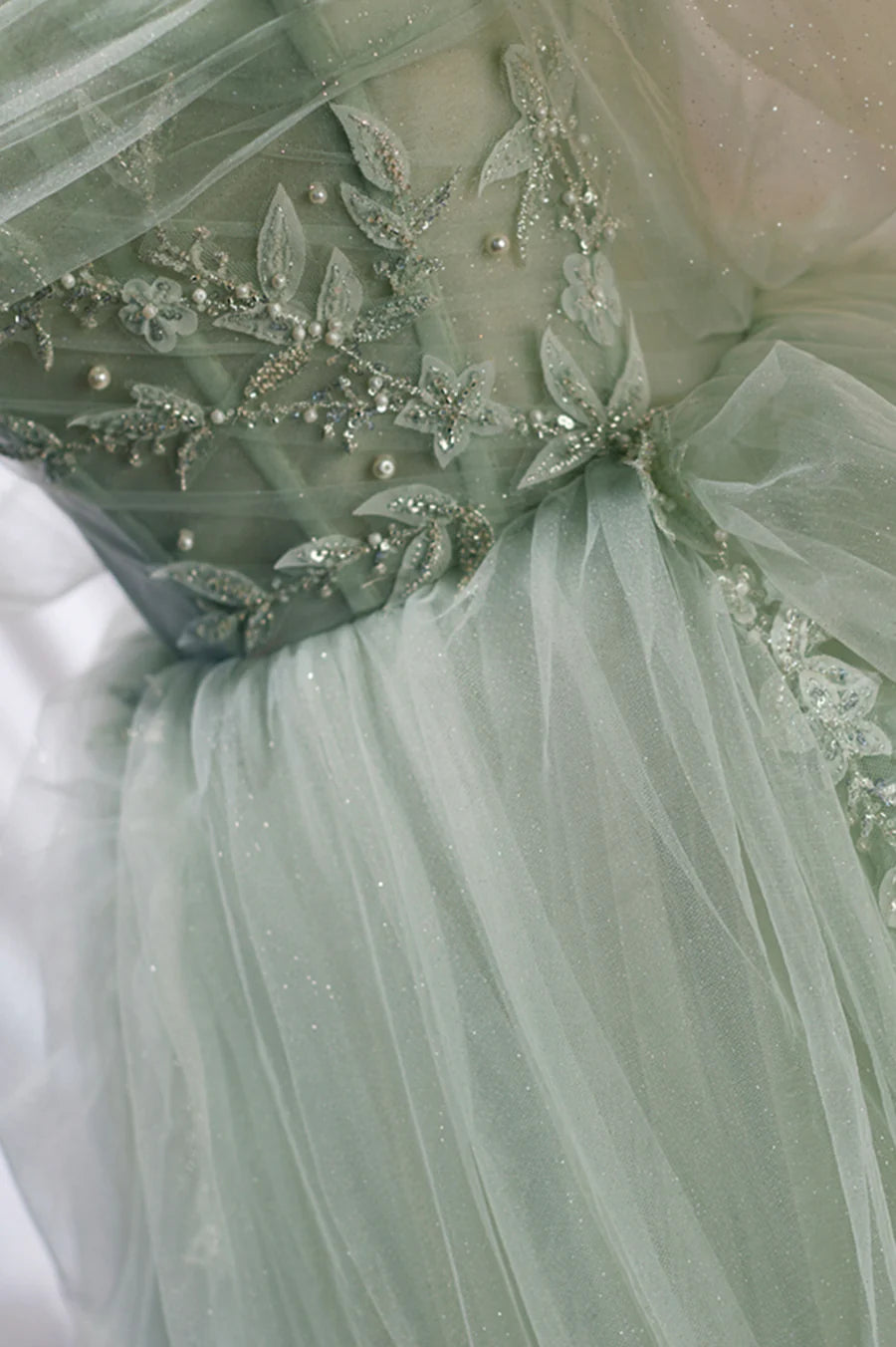 Green Tulle Beaded Ball Gown Off Shoulder Party Dress, Green Sweet 16 Dress TP462