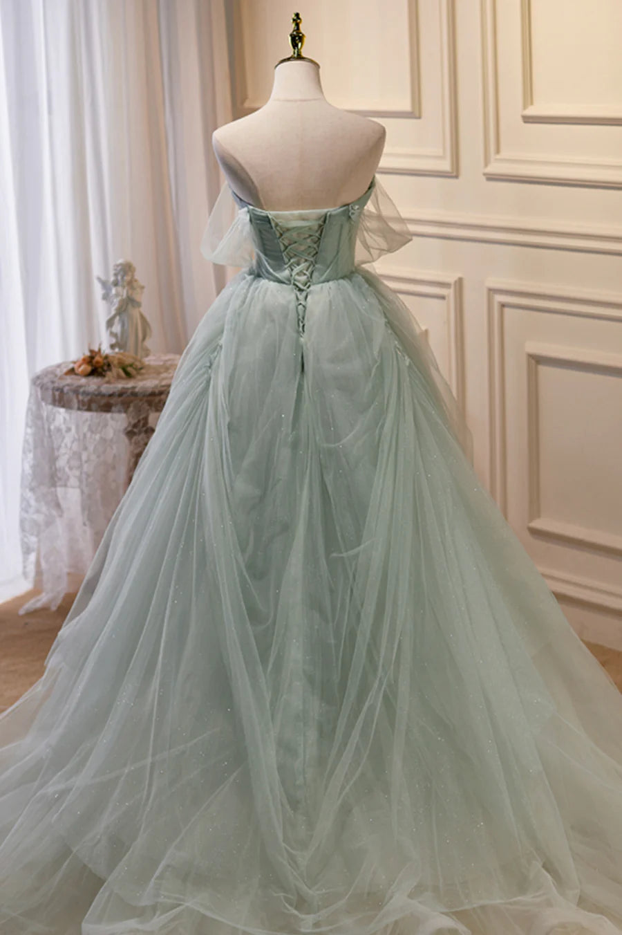 Green Tulle Beaded Ball Gown Off Shoulder Party Dress, Green Sweet 16 Dress TP462