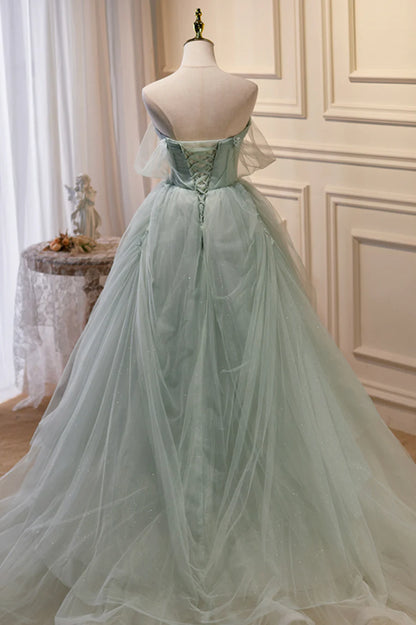 Green Tulle Beaded Ball Gown Off Shoulder Party Dress, Green Sweet 16 Dress TP462