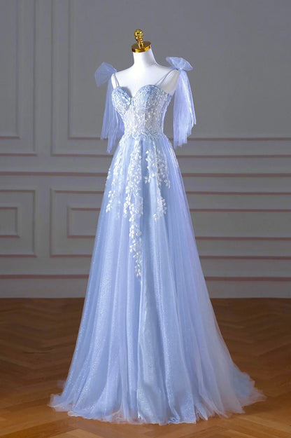 Blue Spaghetti Strap Tulle Lace Long Prom Dress, A-Line Evening Party Dress TP467