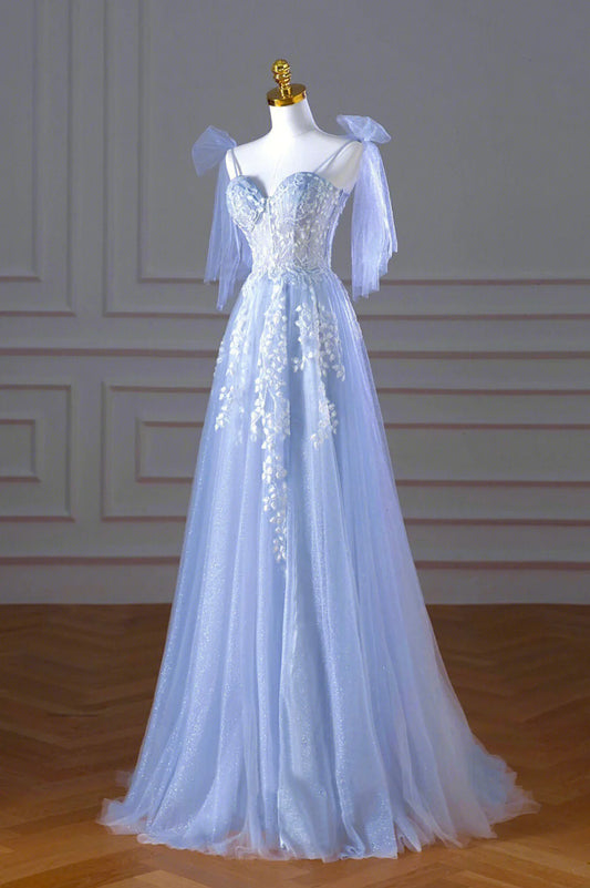Blue Spaghetti Strap Tulle Lace Long Prom Dress, A-Line Evening Party Dress TP467