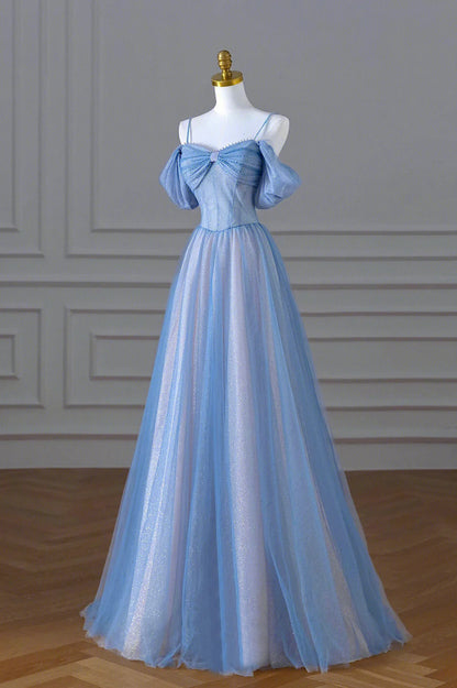 Blue Spaghetti Strap Tulle Floor Length Prom Dress, A-Line Evening Dress TP468
