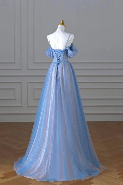 Blue Spaghetti Strap Tulle Floor Length Prom Dress, A-Line Evening Dress TP468