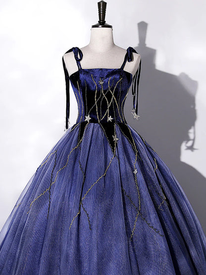 Blue Velvet Tulle Long Prom Dress, A-Line Evening Party Dress TP469