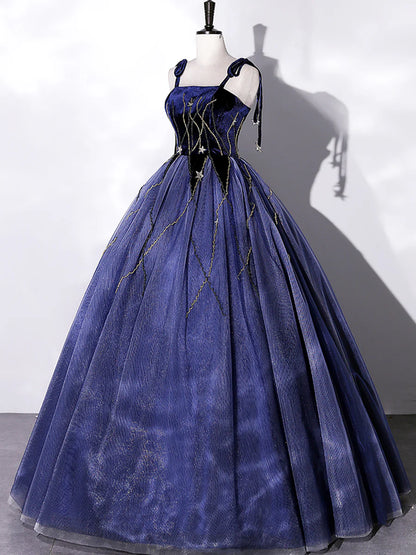 Blue Velvet Tulle Long Prom Dress, A-Line Evening Party Dress TP469