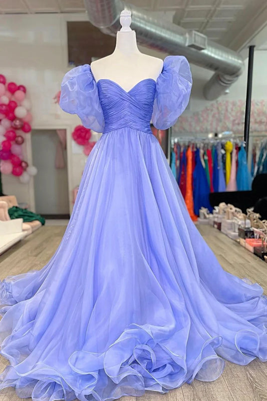 A-Line Organza Long Prom Dress, Lovely Puff Sleeve Evening Dress TP470
