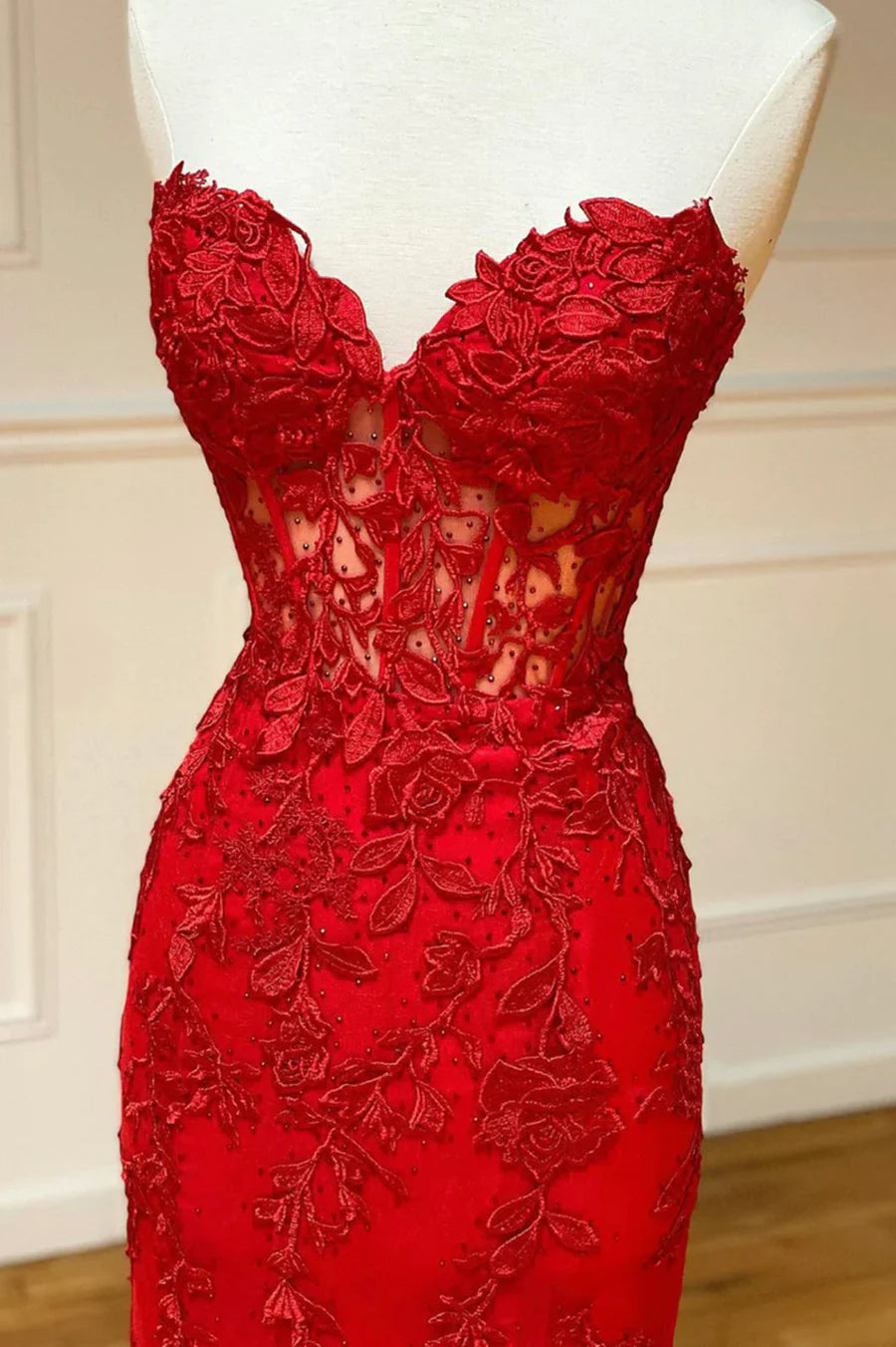 Red Strapless Lace Long Prom Dress, Mermaid Evening Dress TP472