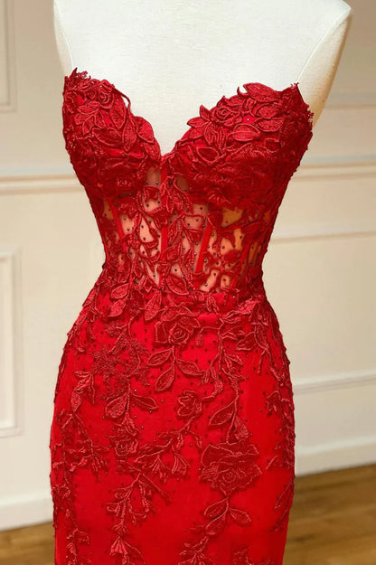 Red Strapless Lace Long Prom Dress, Mermaid Evening Dress TP472