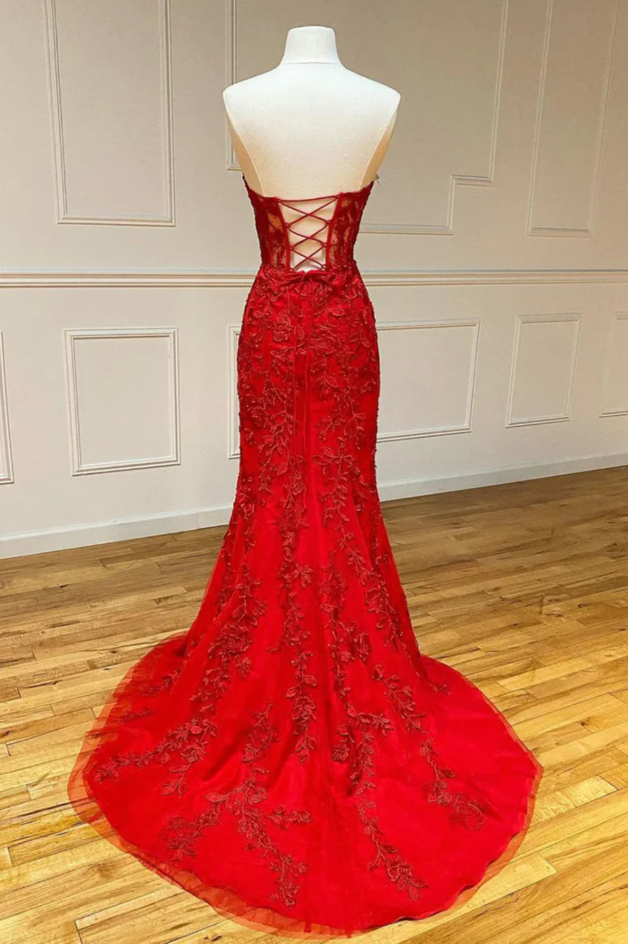Red Strapless Lace Long Prom Dress, Mermaid Evening Dress TP472