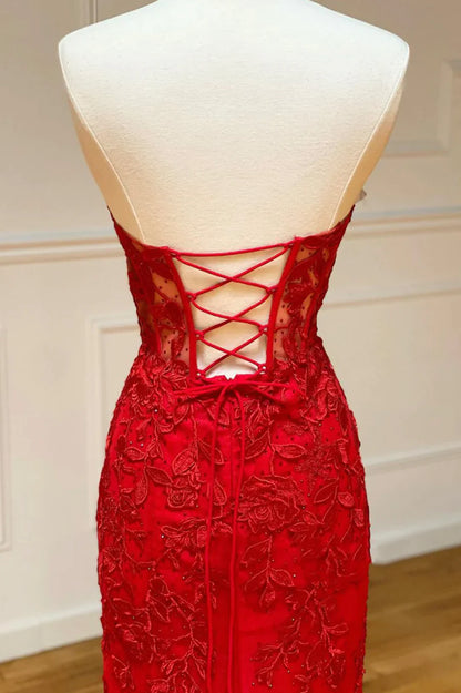 Red Strapless Lace Long Prom Dress, Mermaid Evening Dress TP472