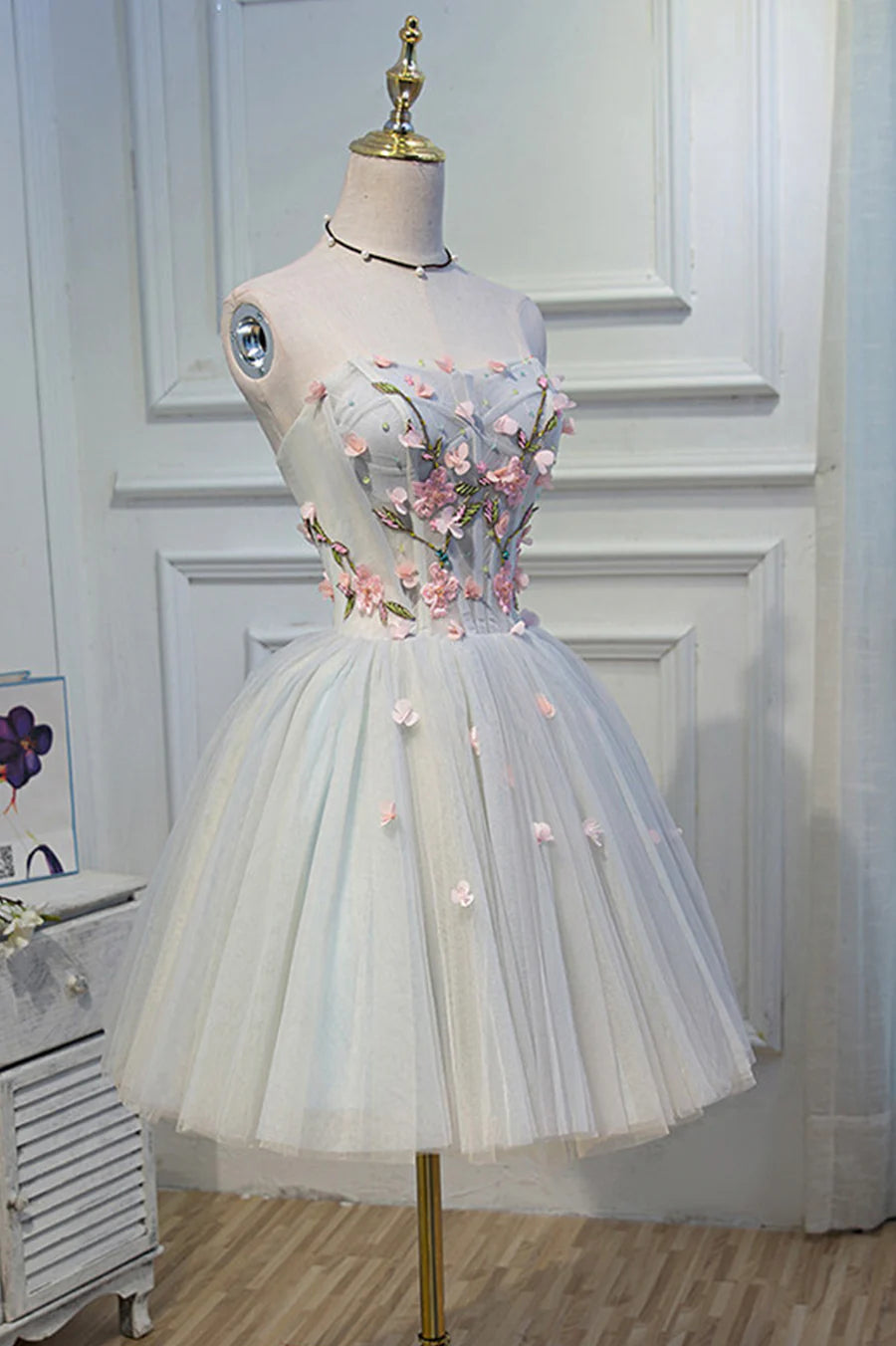 Lovely Strapless Tulle Lace Knee Length Prom Dress, A-Line Party Dress TP473