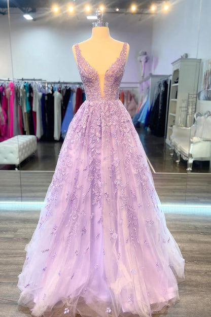 Purple V-Neck Lace Long Prom Dress, Purple A-Line Formal Evening Dress TP474