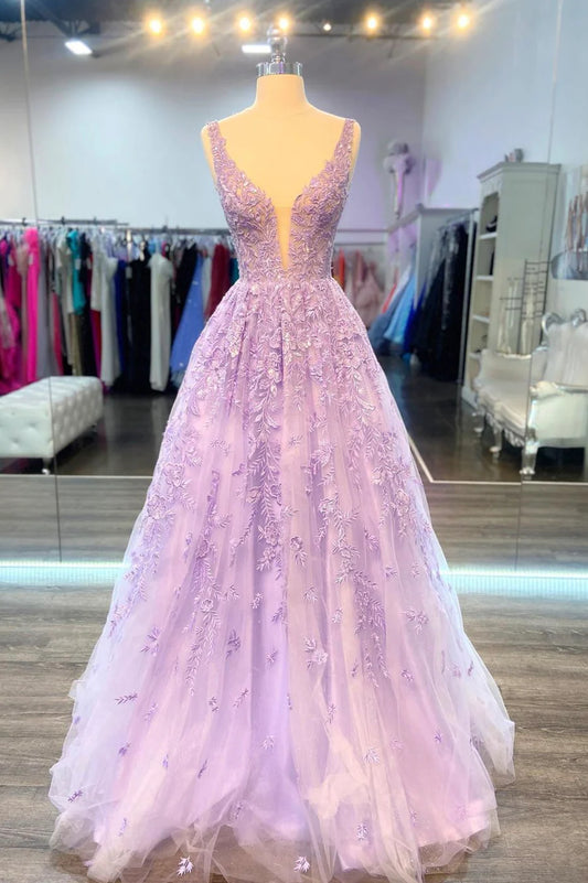 Purple V-Neck Lace Long Prom Dress, Purple A-Line Formal Evening Dress TP474