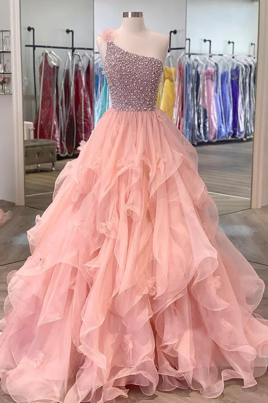 Pink Organza Beaded Long Formal Dress, A-Line One Shoulder Evening Dress TP475