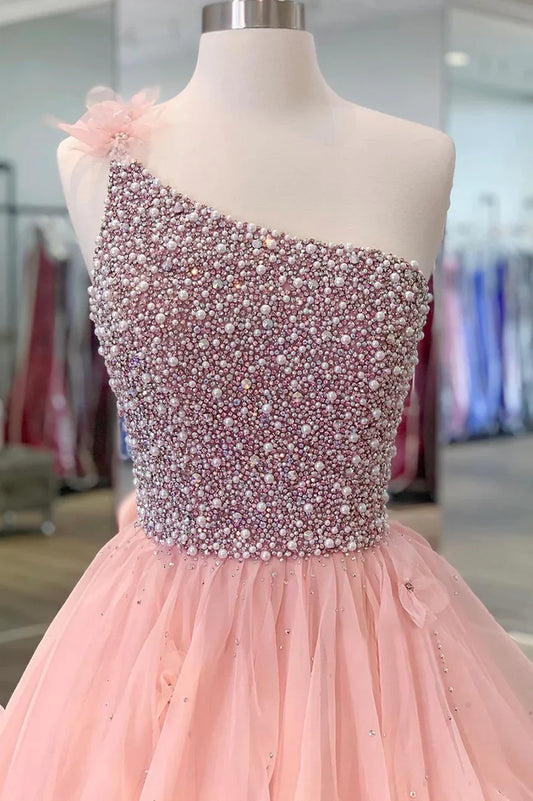 Pink Organza Beaded Long Formal Dress, A-Line One Shoulder Evening Dress TP475