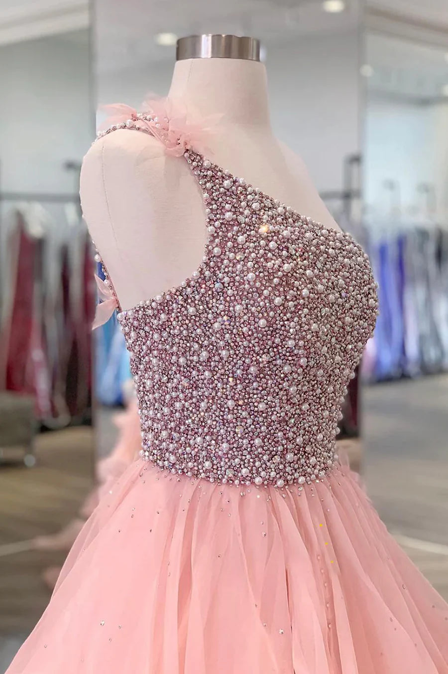 Pink Organza Beaded Long Formal Dress, A-Line One Shoulder Evening Dress TP475