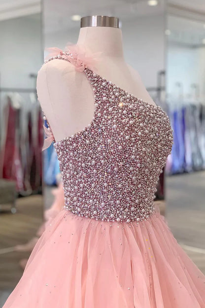 Pink Organza Beaded Long Formal Dress, A-Line One Shoulder Evening Dress TP475