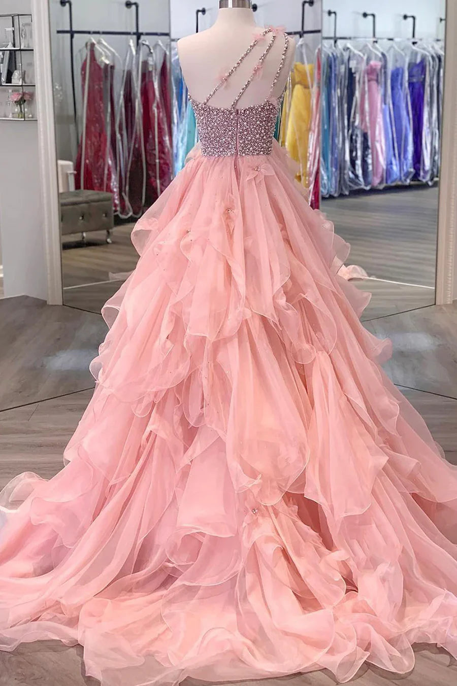 Pink Organza Beaded Long Formal Dress, A-Line One Shoulder Evening Dress TP475