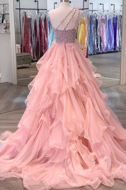 Pink Organza Beaded Long Formal Dress, A-Line One Shoulder Evening Dress TP475