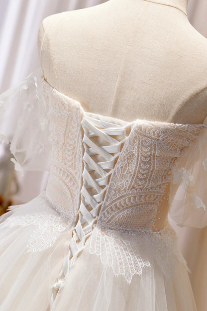 Champagne Lace Long A-line Prom Dress, Off the Shoulder Evening Dress TP479