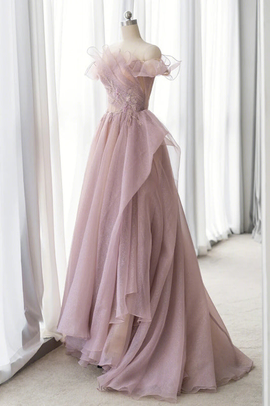 Pink Tulle Long A-line Prom Dress, Lovely Off the Shoulder Evening Dress TP481