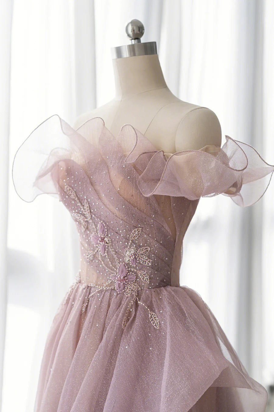Pink Tulle Long A-line Prom Dress, Lovely Off the Shoulder Evening Dress TP481