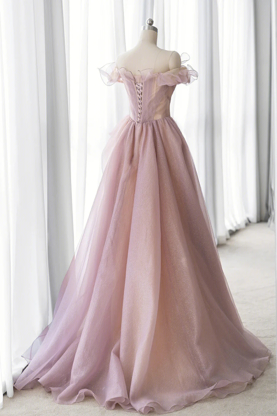 Pink Tulle Long A-line Prom Dress, Lovely Off the Shoulder Evening Dress TP481