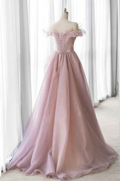 Pink Tulle Long A-line Prom Dress, Lovely Off the Shoulder Evening Dress TP481