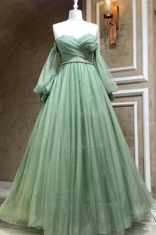 Green Tulle Long Sleeve Prom Dress, A-Line Off the Shoulder Evening Dress TP482