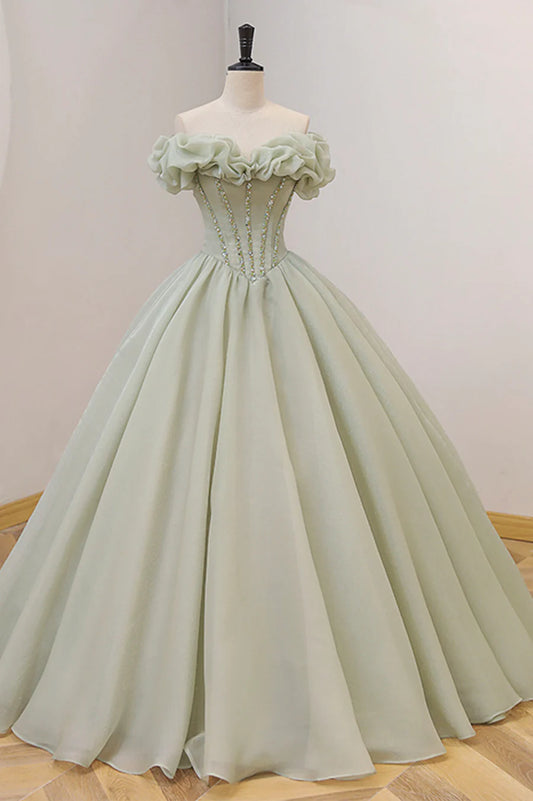 Green Ball Gown, A-Line Off the Shoulder Evening Gown with Beaded TP489