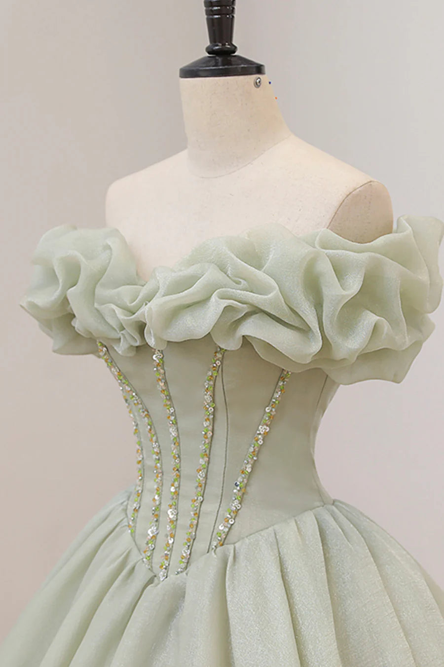 Green Ball Gown, A-Line Off the Shoulder Evening Gown with Beaded TP489