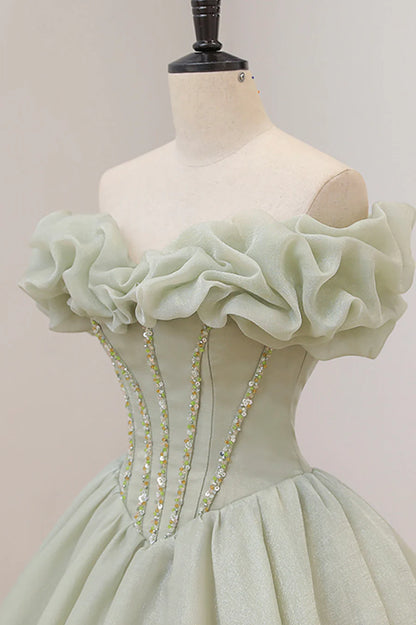 Green Ball Gown, A-Line Off the Shoulder Evening Gown with Beaded TP489