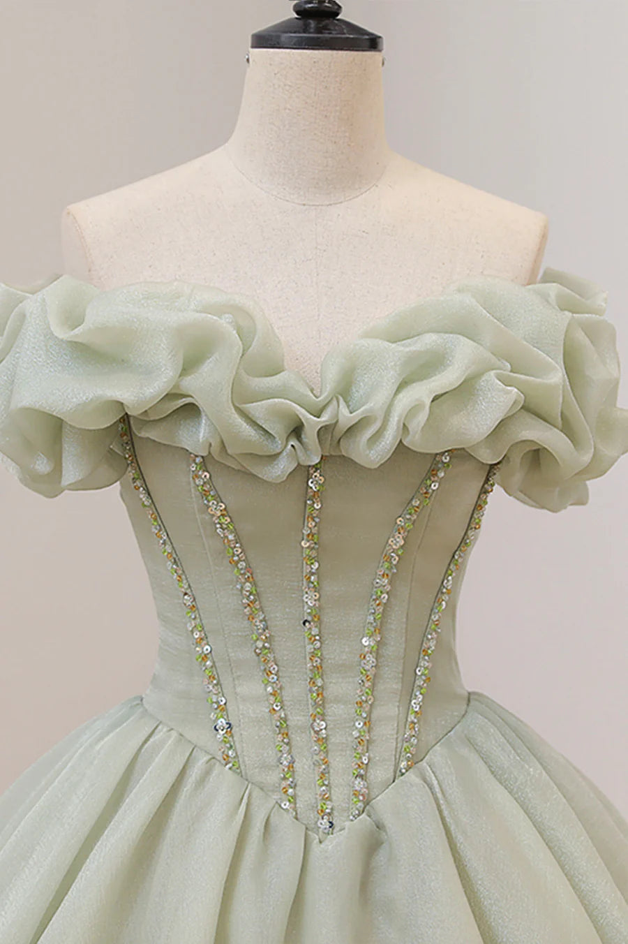 Green Ball Gown, A-Line Off the Shoulder Evening Gown with Beaded TP489